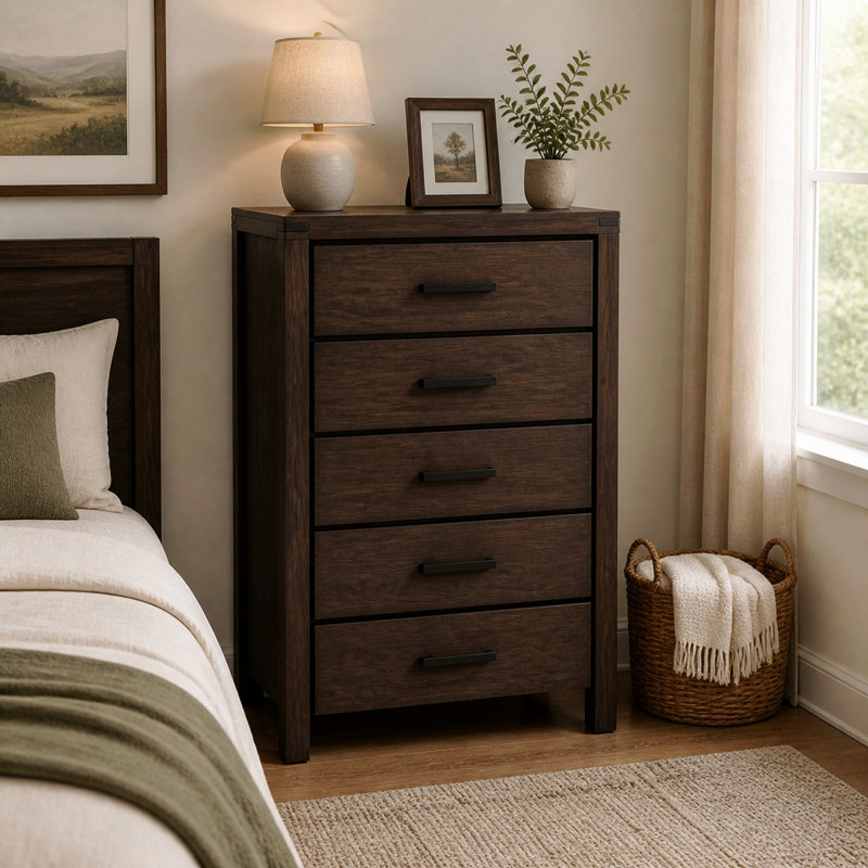 Commode à 5 tiroirs en pin foncé foncé, armoire de rangement moderne pour chambre nordique, rangement compact