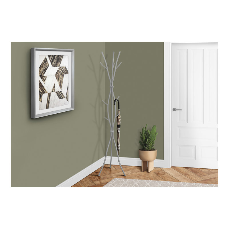 Coat Rack, Hall Tree, Free Standing, 11 Hooks, Entryway, 74"H, Bedroom, Grey Metal, Contemporary, Modern