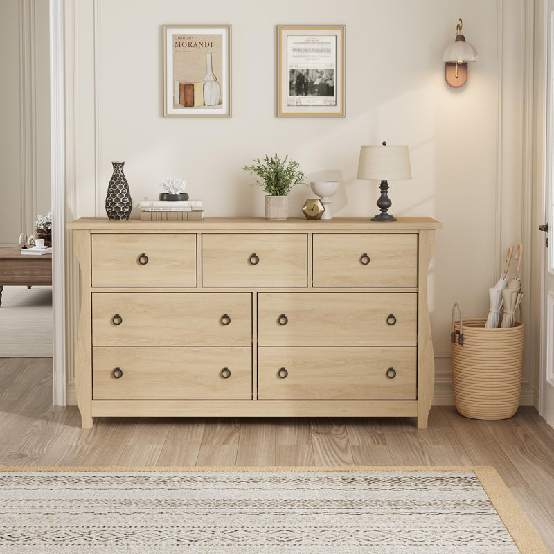 7 Dresser for Bedroom, 54" Wide Drawer Dresser with Storage Freestanding, Wooden Closet Storage Chest for Living Room, Bedroom, Entryway, Natural Oak
