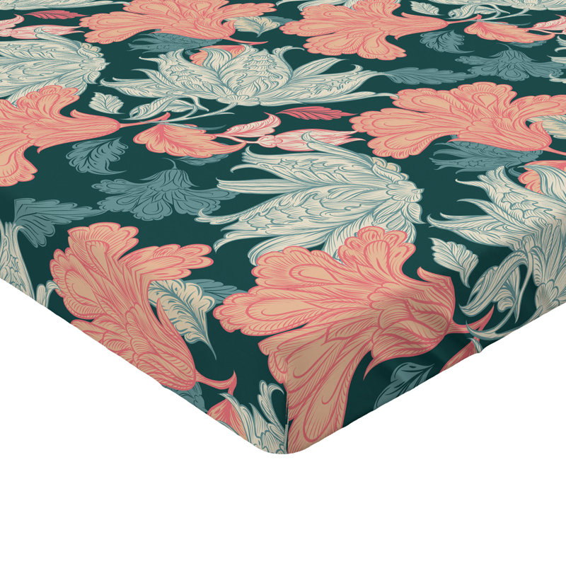 Drap-housse Ambesonne, Bleu sarcelle foncé, corail / floral, Drap-housse grand