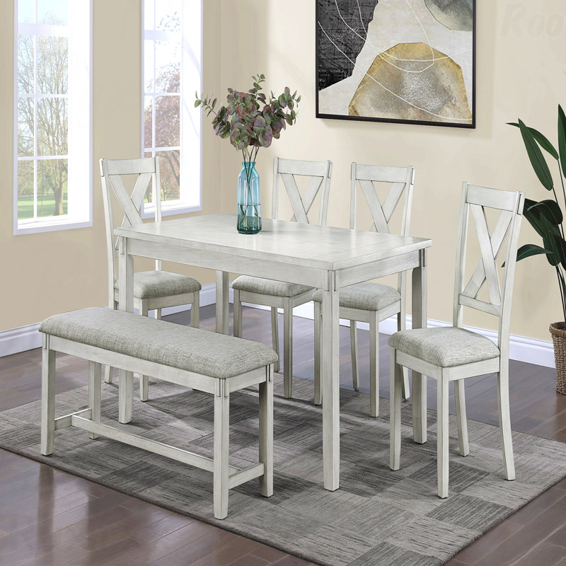 Banc 1 pièce à hauteur standard - Finition bois flottant, siège rembourré en tissu gris et blanc, pieds fuselés, style contemporain et transitionnel