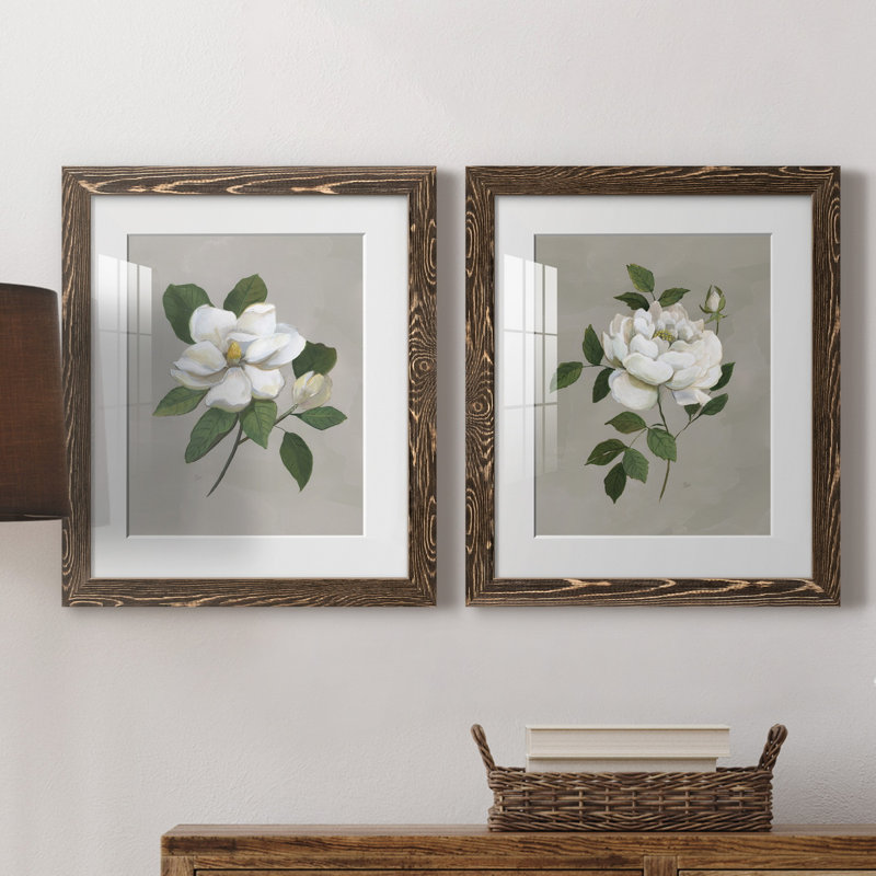 Magnolia botanique - ensemble de 2 reproductions d'art, H 20 po x l 17 po x P 1 po, Papier, cadre noyer, Blanc
