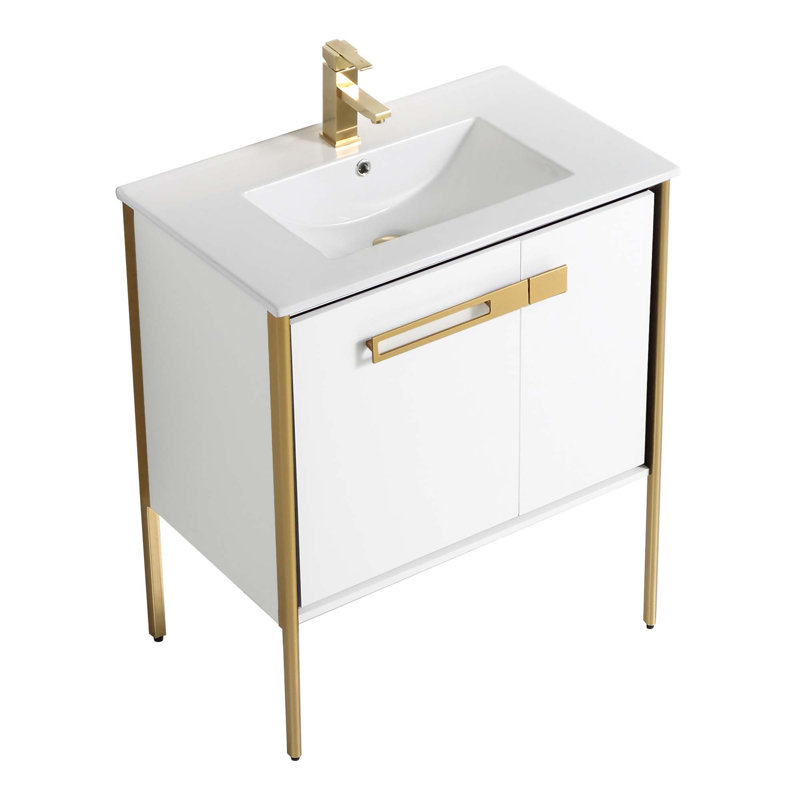 30" Single Bathroom Vanity, Satin Brass, White Matte