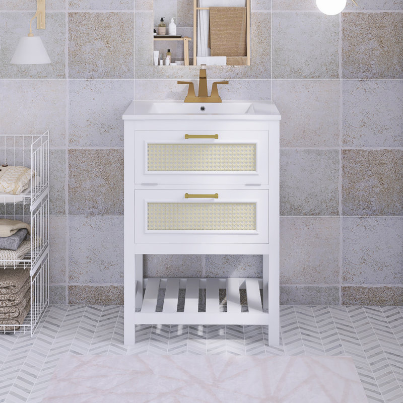 Ensemble de meuble-lavabo autoportant 24 po avec comptoir en céramique 24 po, Blanc / Doré