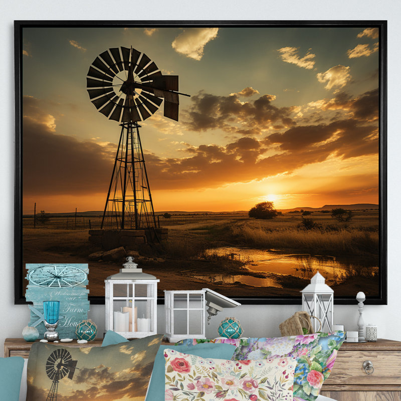 Texas Rustic Windmills - Wind Turbines, art mural pour le salon, H 30 po x l 40 po x P 1,5 po, Cadre flottant noir