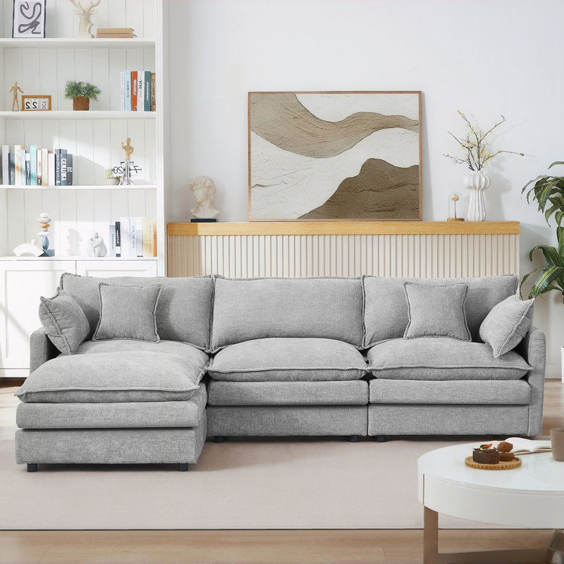 3-Seater Comfy Cloud Couches with Movable Ottoman, Gray