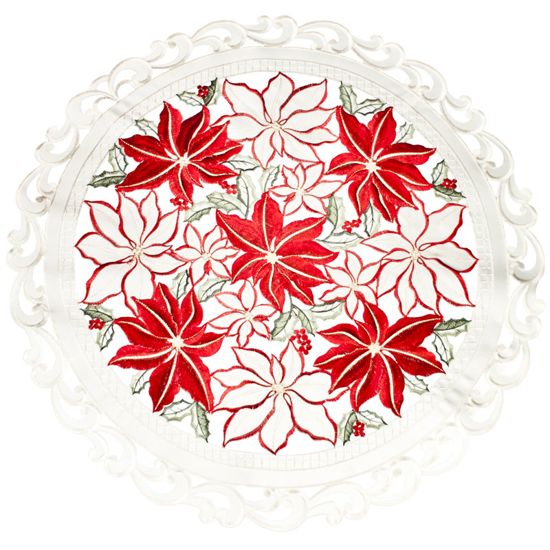 Grand plateau de table ivoire à motif de poinsettias, Rond 24 po