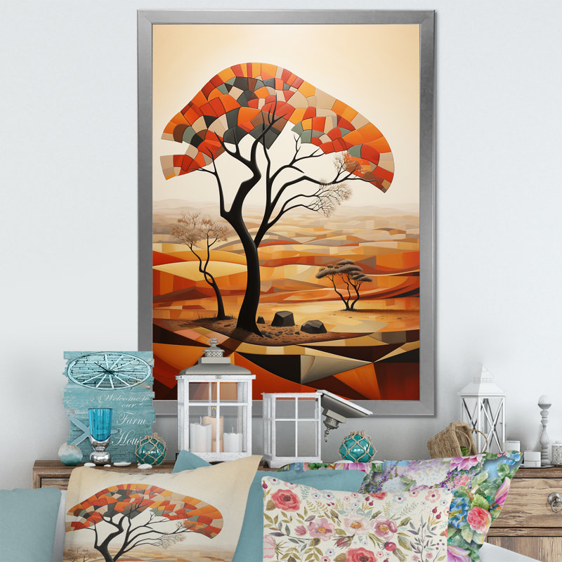 Cubist African Tree Landscape 3 - Art mural africain, H 40 po x l 30 po x P 1,5 po, Cadre photo argenté