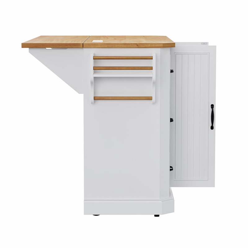 56 inch Kitchen Island with Rubber Wood Veneer Drop Leaf, White