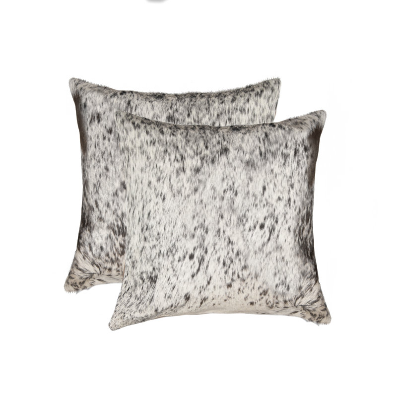 Set of Two 18" Cowhide Throw Pillows, Dark Gray/ Light White