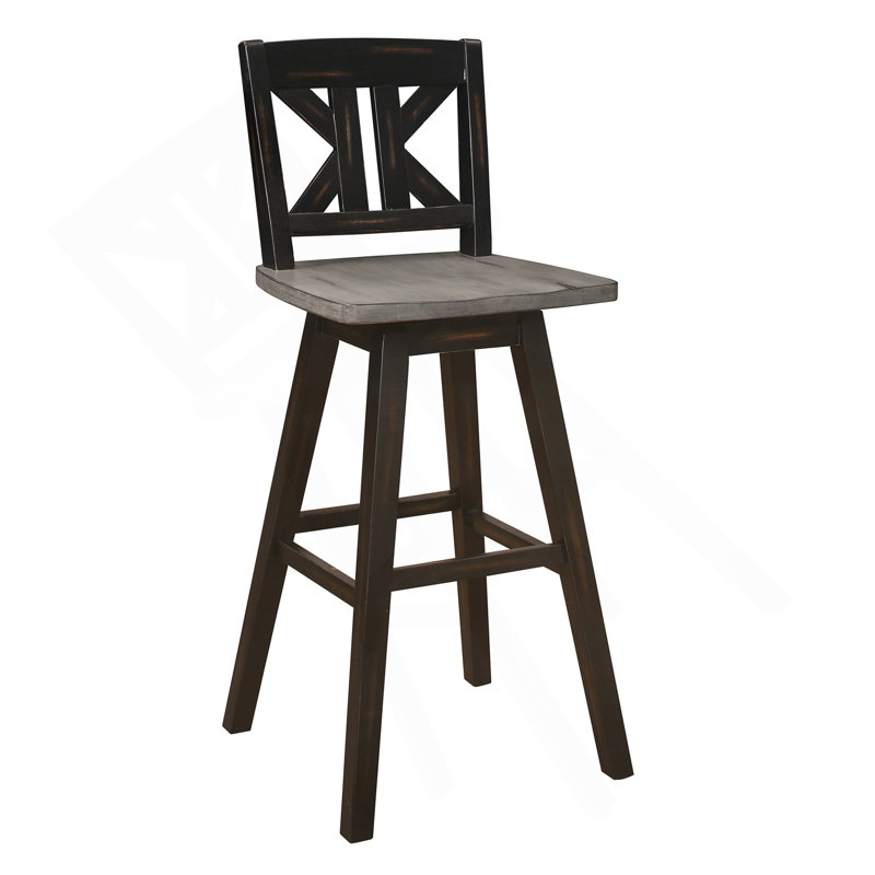 Ensemble de 2 chaises à hauteur de pub, fauteuil pivotant à 360 degrés gris et noir patiné en bois d'hévéa, chaises de bar divisées à dossier en X