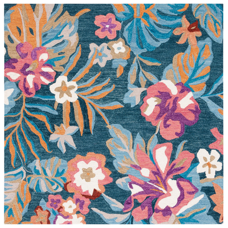 Tapis bleu / rose en laine touffeté à la main Alhambra, Carré 6 pi