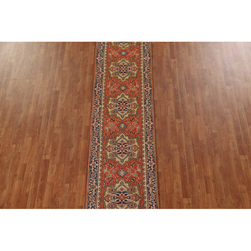Tapis de couloir orange géométrique Heriz Serapi fait à la main 3 x 12