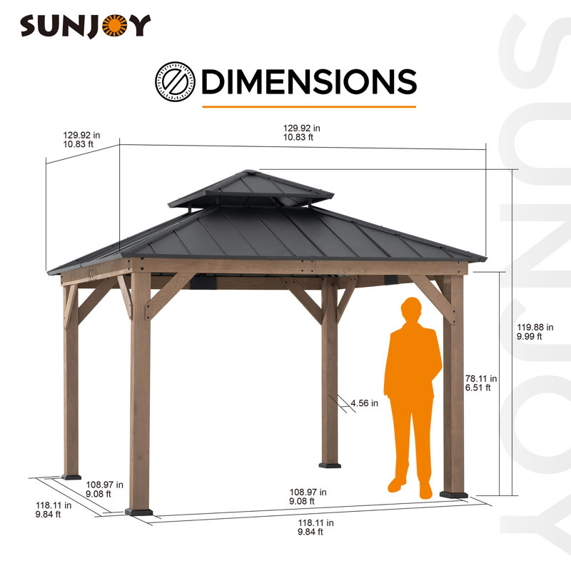 Sunjoy 11 x 11 ft. Wood Gazebo Standard Cedar Framed Gazebos with Black Double Steel Hardtop Roof for Garden, Backyard Shade