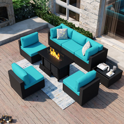 Emanie 6 - Person Outdoor Patio Furniture Set with Cushions and Fire Pit Table by Ebern Designs