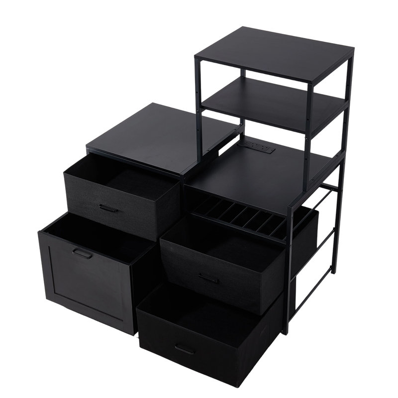 Black Mini Fridge Stand with Wine Rack and Power Socket