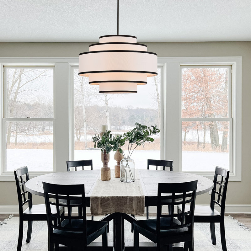 Lustre tambour 6 lumières en lin moderne, 6 niveaux, Six lumières, Noir mat