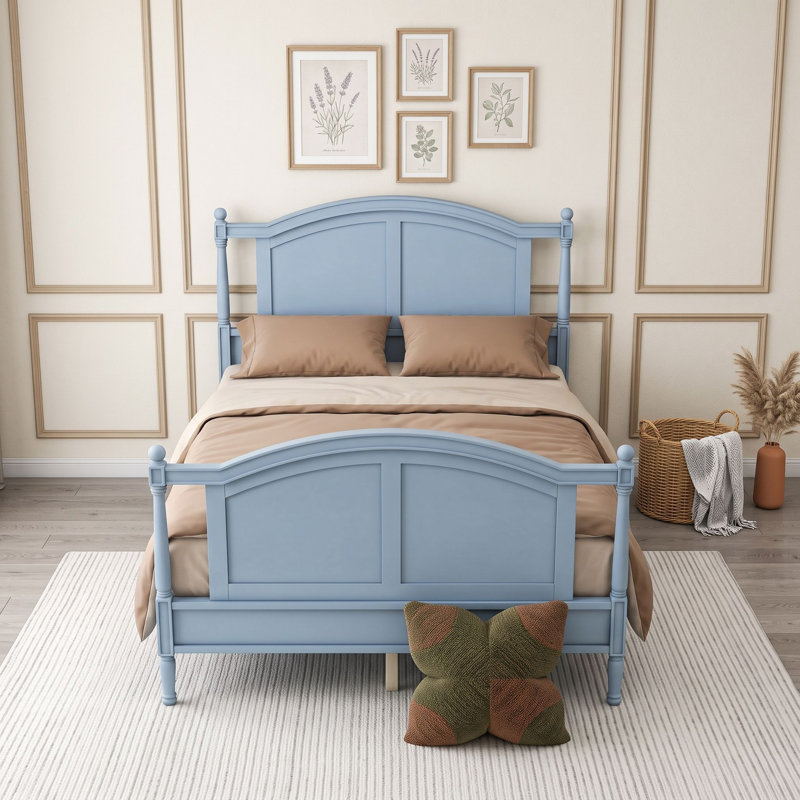 Base de lit plateforme en bois avec tête de lit, Lit double, Bleu clair