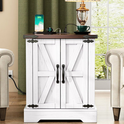Table d'appoint rustique avec station de charge - compartiment spacieux et tablette réglable avec table de chevet blanche et noyer moyen