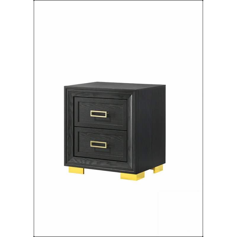 Table de chevet glamour moderne à 2 tiroirs avec quincaillerie dorée, parfaite pour les chambres à coucher contemporaines et le rangement