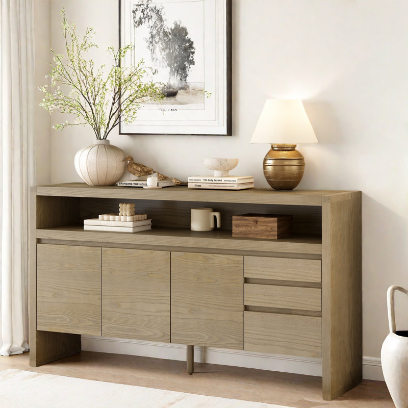 3-door Sideboard With 3 Drawers, A Semi-open Shelf And A Cable Hole, Natural