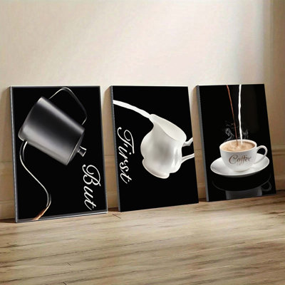 3PCS Wall Arts Posters Framed, Modern Coffee Art Canvas Prints Set of 3, Black and White Coffee Cup and Pouring Design Wall Decor for Kitchen, Café, Living Room, Home Office, Stylish Minimalist Wall Art for Coffee Lovers
