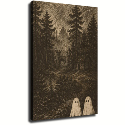 Scène de cabane en forêt vintage avec cerf et fantômes amicaux - Toile murale rétro pour l'Halloween