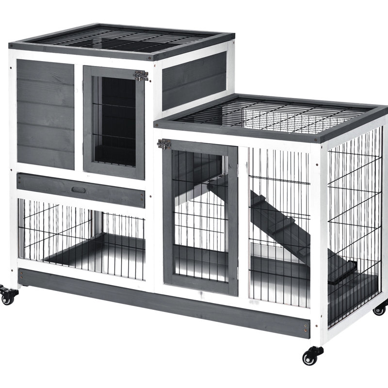 Wooden Rabbit Cage With Portable Wheels And Removable Agility Obstacle, Grey Secure Locking System,
