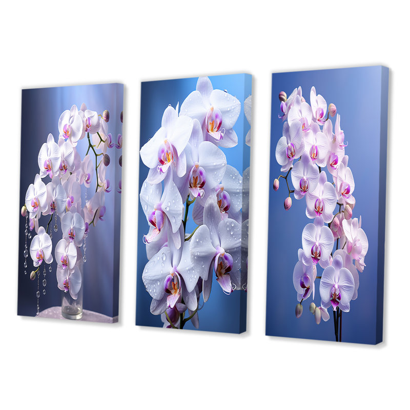 «Purple Orchids Elegance», 3 pièces sur toile, H 20 po x l 36 po, Toile tendue