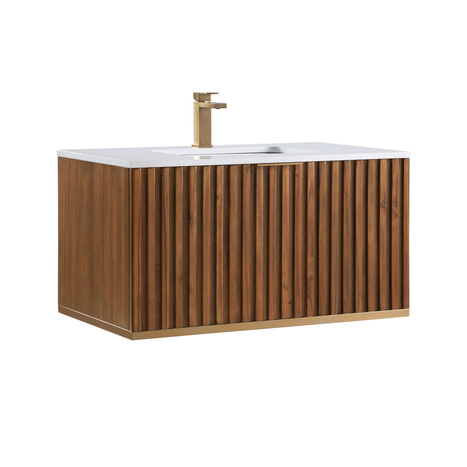 Terra 36'' Single Bathroom Vanity, Walnut, Satin Brass, Calacatta Quartz/Widespread Faucet Mount