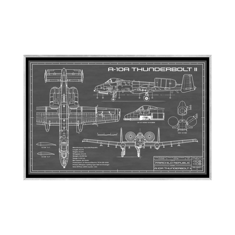 A-10 Thunderbolt II-imprimé de dessin, Pas de tapis, Toile avec cadre argent, H 26 po x l 40 po x 1,5 po