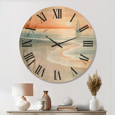Peach Sail Sunset I - Horloge murale ronde en bois de style côtier