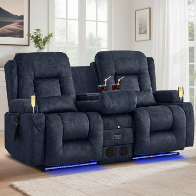 Power Reclining Sofa With Heat And Massage, Bluetooth Speakers And LED Lights, 3 Seater Dual Recliner Sofa With USB Ports And Cup Holders