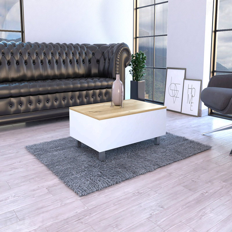 Table basse à plateau relevable avec compartiment de rangement finition chêne clair