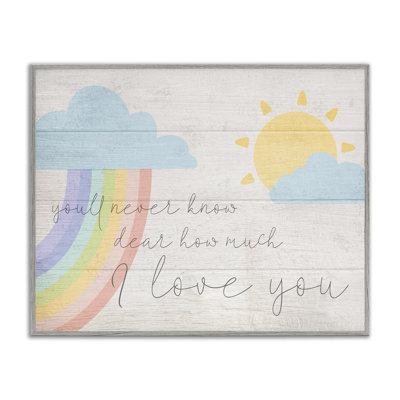 How Much I Love You Rainbow Clouds and Sun on Planks Gray Farmhouse Rustic Oversized Framed Giclee Texturized Art by Daphne Polselli