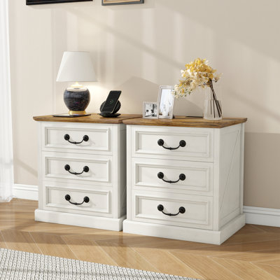 End Table With Charging Station, Farmhouse Nightstand With 3 Drawers & USB Ports, Solid Wood Entryway Table With Smiling Handle(Set of 2)