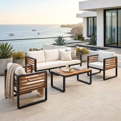 Abdel Outdoor 5 - Person Acacia Sofa Seating Group with Removable Cushion, Black Metal and Wood Frame