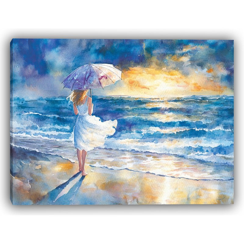 «Evening Breeze - Serene Beach Stroll», reproduction d'art sur toile tendue