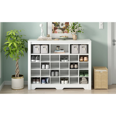 ON-TREND Sleek Design 24 Shoe Cubby Console, Modern Shoe Cabinet With Curved Base, Versatile Sideboard With High-Quality For Hallway, Bedroom, Living Room, White