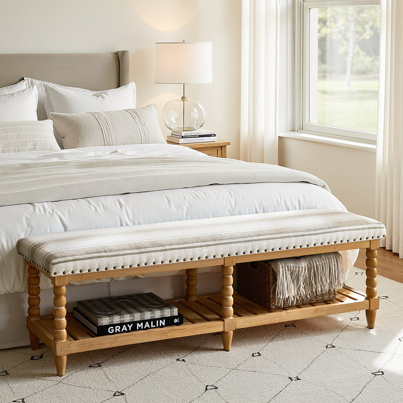 Delfina 58"W Farmhouse Solid Wood Open Storage Bench with Nailhead Trim, Tan