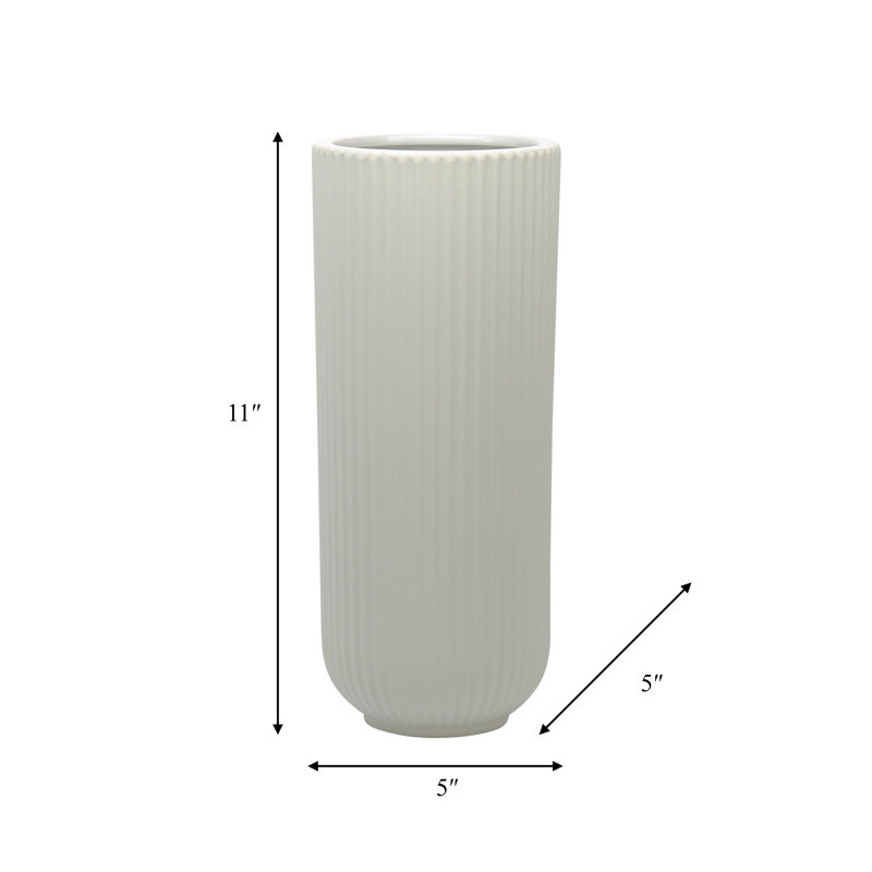 Zed Ribbed Ceramic Handcrafted Watertight Table Vase, White, 11" H x 5" W x 5" D