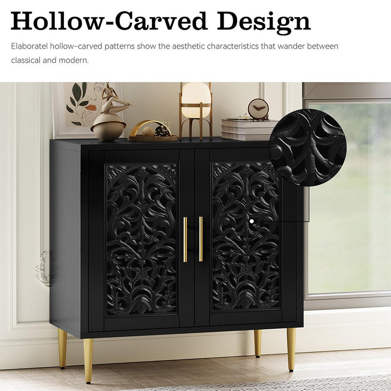 Black Hollow Carved 2-Door Vintage Accent Cabinet