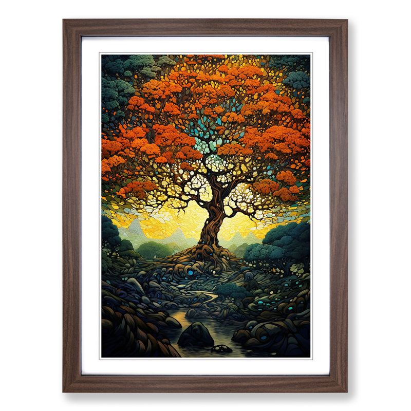 Oak Tree Futurism - Single Picture Frame Print on Wood, 46cm H x 34cm W x 2cm D, Walnut