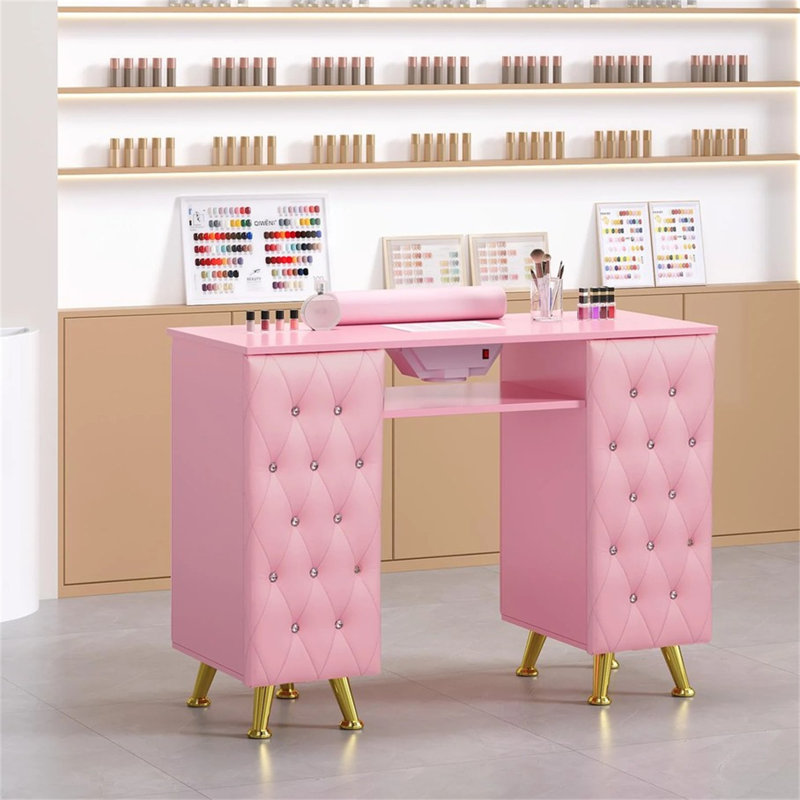 Élégant bureau de manucure rose avec décor de diamant, collecteur de poussière et repose-poignet, Rose