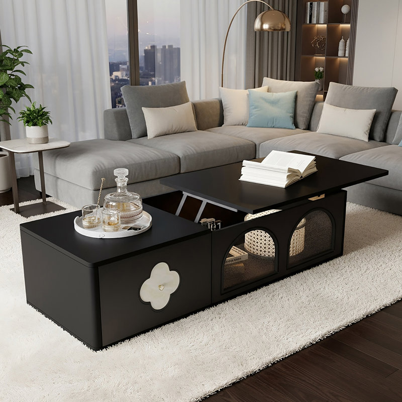 Table basse moderne à plateau relevable noir avec rangement caché, présentoir en verre arqué et incrustation élégante de trèfle