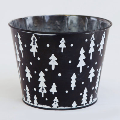 Black Bucket With White Trees Planter