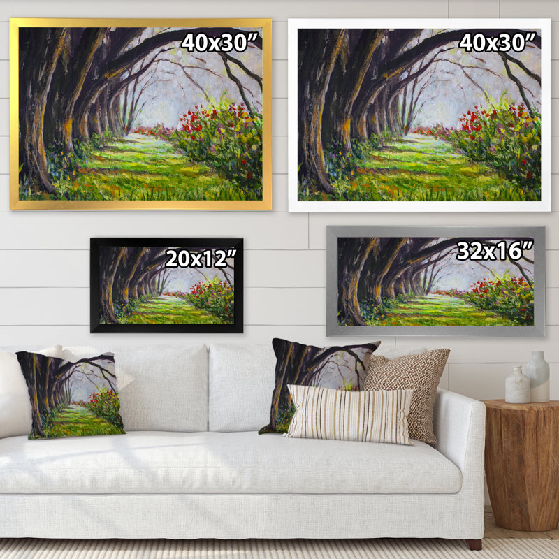 Vue originale de l'huile d'une grande rangée d'arbres Chamchuri - peinture sur toile, H 34 po x l 44 po, Cadre photo blanc
