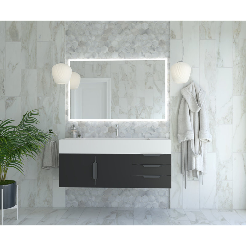 Ensemble de meuble-lavabo simple mural 48 po Nile, Blanc, Noir, Noir