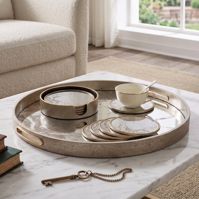 Round 4 Piece Coaster Set With Holder