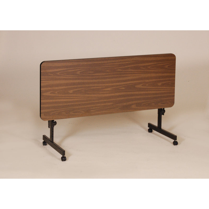 Kham Rectangle Height Adjustable Flip Top Training Table with Casters and Modesty Panel and Cable Management, Walnut